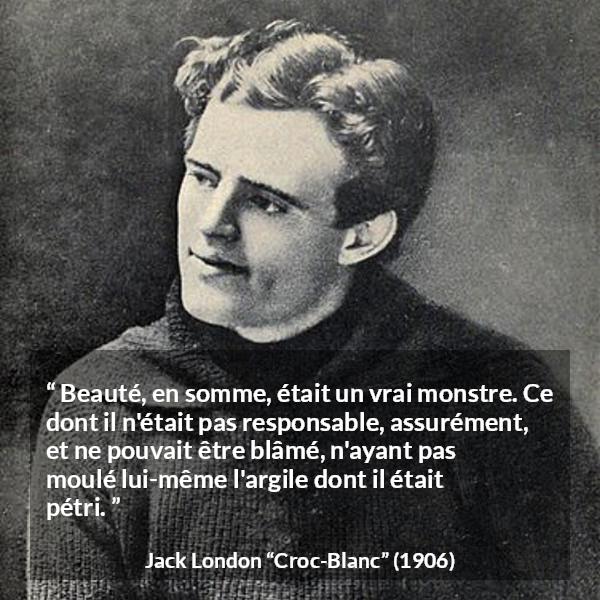 Citation de Jack London sur la responsabilité tirée de Croc-Blanc - Beauté, en somme, était un vrai monstre. Ce dont il n'était pas responsable, assurément, et ne pouvait être blâmé, n'ayant pas moulé lui-même l'argile dont il était pétri.
