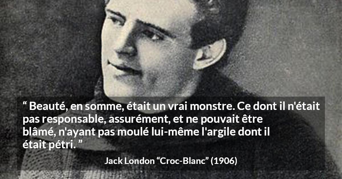 Citation de Jack London sur la responsabilité tirée de Croc-Blanc - Beauté, en somme, était un vrai monstre. Ce dont il n'était pas responsable, assurément, et ne pouvait être blâmé, n'ayant pas moulé lui-même l'argile dont il était pétri.
