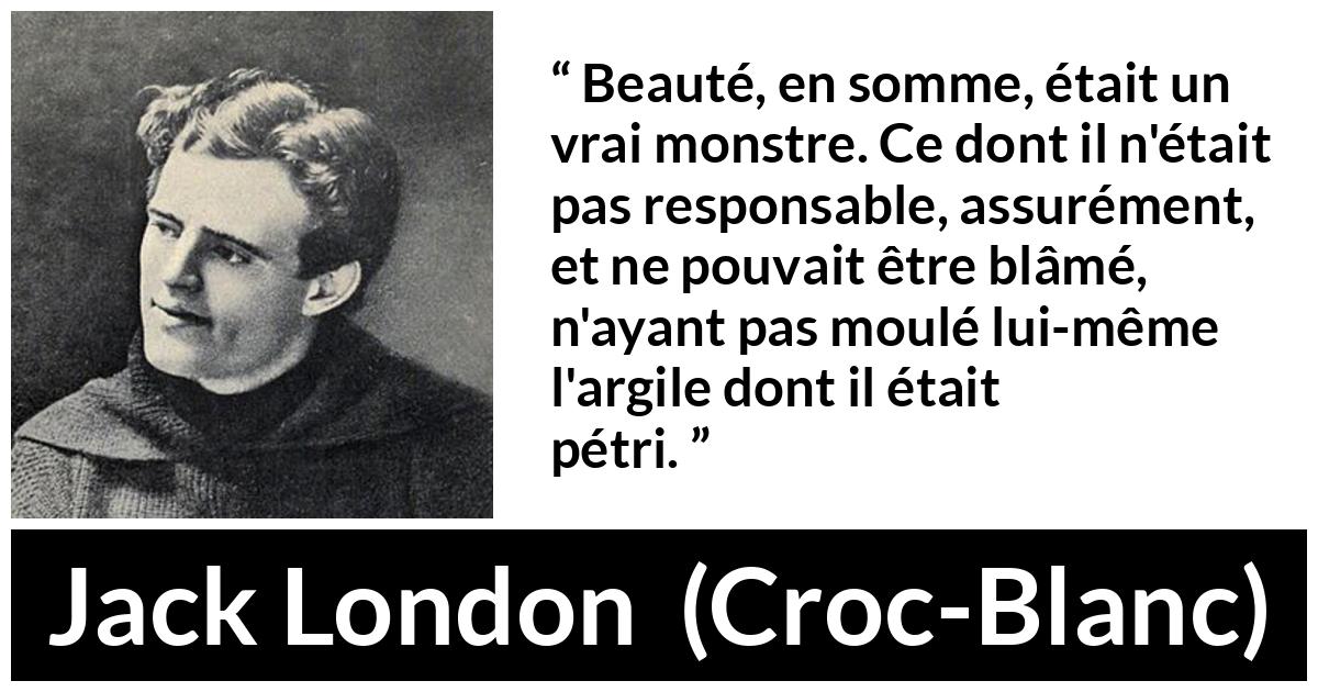 Citation de Jack London sur la responsabilité tirée de Croc-Blanc - Beauté, en somme, était un vrai monstre. Ce dont il n'était pas responsable, assurément, et ne pouvait être blâmé, n'ayant pas moulé lui-même l'argile dont il était pétri.
