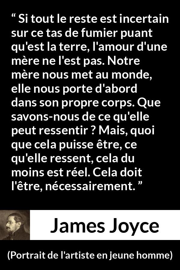 Citation de James Joyce sur l'amour tirée de Portrait de l'artiste en jeune homme - Si tout le reste est incertain sur ce tas de fumier puant qu'est la terre, l'amour d'une mère ne l'est pas. Notre mère nous met au monde, elle nous porte d'abord dans son propre corps. Que savons-nous de ce qu'elle peut ressentir ? Mais, quoi que cela puisse être, ce qu'elle ressent, cela du moins est réel. Cela doit l'être, nécessairement.