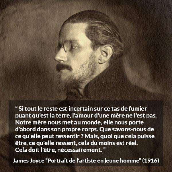 Citation de James Joyce sur l'amour tirée de Portrait de l'artiste en jeune homme - Si tout le reste est incertain sur ce tas de fumier puant qu'est la terre, l'amour d'une mère ne l'est pas. Notre mère nous met au monde, elle nous porte d'abord dans son propre corps. Que savons-nous de ce qu'elle peut ressentir ? Mais, quoi que cela puisse être, ce qu'elle ressent, cela du moins est réel. Cela doit l'être, nécessairement.
