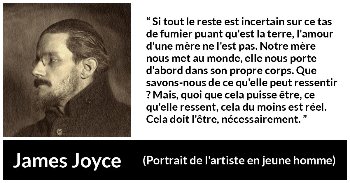 Citation de James Joyce sur l'amour tirée de Portrait de l'artiste en jeune homme - Si tout le reste est incertain sur ce tas de fumier puant qu'est la terre, l'amour d'une mère ne l'est pas. Notre mère nous met au monde, elle nous porte d'abord dans son propre corps. Que savons-nous de ce qu'elle peut ressentir ? Mais, quoi que cela puisse être, ce qu'elle ressent, cela du moins est réel. Cela doit l'être, nécessairement.