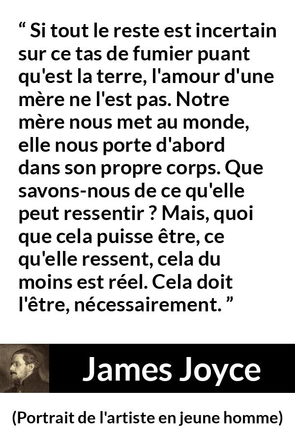 Citation de James Joyce sur l'amour tirée de Portrait de l'artiste en jeune homme - Si tout le reste est incertain sur ce tas de fumier puant qu'est la terre, l'amour d'une mère ne l'est pas. Notre mère nous met au monde, elle nous porte d'abord dans son propre corps. Que savons-nous de ce qu'elle peut ressentir ? Mais, quoi que cela puisse être, ce qu'elle ressent, cela du moins est réel. Cela doit l'être, nécessairement.