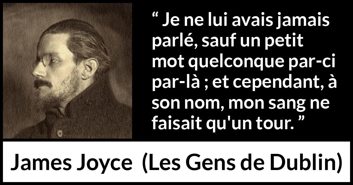 Citation de James Joyce sur l'attraction tirée des Gens de Dublin - Je ne lui avais jamais parlé, sauf un petit mot quelconque par-ci par-là ; et cependant, à son nom, mon sang ne faisait qu'un tour.