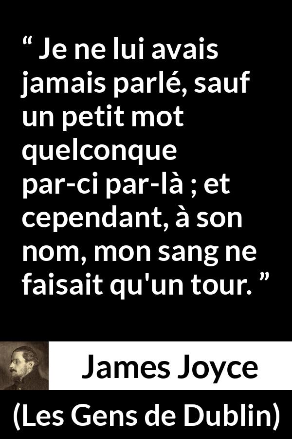 Citation de James Joyce sur l'attraction tirée des Gens de Dublin - Je ne lui avais jamais parlé, sauf un petit mot quelconque par-ci par-là ; et cependant, à son nom, mon sang ne faisait qu'un tour.