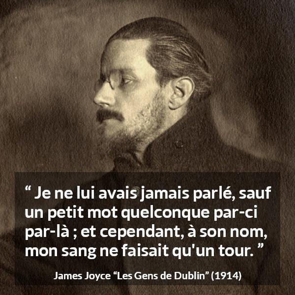 Citation de James Joyce sur l'attraction tirée des Gens de Dublin - Je ne lui avais jamais parlé, sauf un petit mot quelconque par-ci par-là ; et cependant, à son nom, mon sang ne faisait qu'un tour.