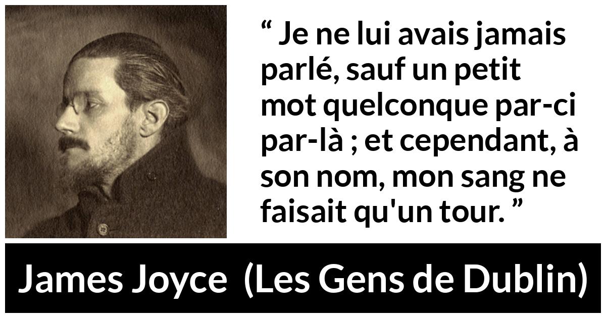 Citation de James Joyce sur l'attraction tirée des Gens de Dublin - Je ne lui avais jamais parlé, sauf un petit mot quelconque par-ci par-là ; et cependant, à son nom, mon sang ne faisait qu'un tour.
