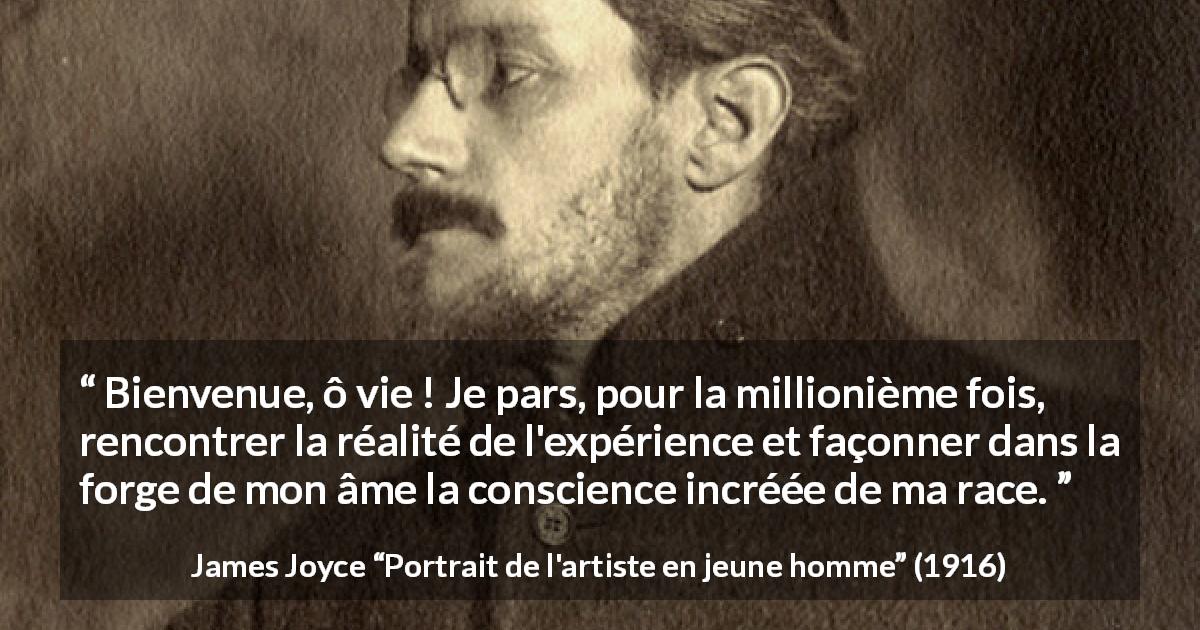 Citation de James Joyce sur la conscience tirée de Portrait de l'artiste en jeune homme - Bienvenue, ô vie ! Je pars, pour la millionième fois, rencontrer la réalité de l'expérience et façonner dans la forge de mon âme la conscience incréée de ma race.