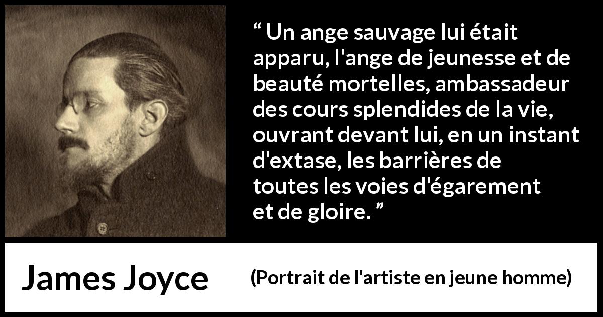 Citation de James Joyce sur la jeunesse tirée de Portrait de l'artiste en jeune homme - Un ange sauvage lui était apparu, l'ange de jeunesse et de beauté mortelles, ambassadeur des cours splendides de la vie, ouvrant devant lui, en un instant d'extase, les barrières de toutes les voies d'égarement et de gloire.