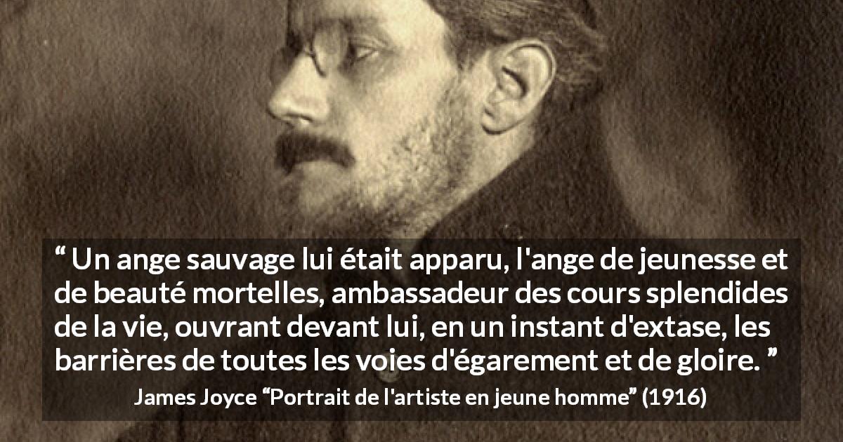 Citation de James Joyce sur la jeunesse tirée de Portrait de l'artiste en jeune homme - Un ange sauvage lui était apparu, l'ange de jeunesse et de beauté mortelles, ambassadeur des cours splendides de la vie, ouvrant devant lui, en un instant d'extase, les barrières de toutes les voies d'égarement et de gloire.