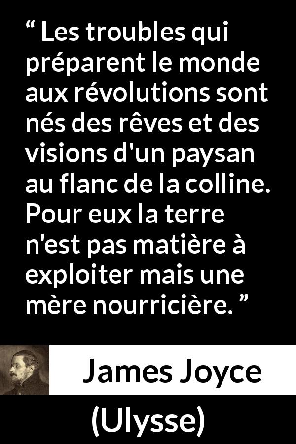 Citation de James Joyce sur la nature tirée d'Ulysse - Les troubles qui préparent le monde aux révolutions sont nés des rêves et des visions d'un paysan au flanc de la colline. Pour eux la terre n'est pas matière à exploiter mais une mère nourricière.