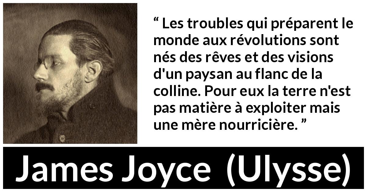 Citation de James Joyce sur la nature tirée d'Ulysse - Les troubles qui préparent le monde aux révolutions sont nés des rêves et des visions d'un paysan au flanc de la colline. Pour eux la terre n'est pas matière à exploiter mais une mère nourricière.