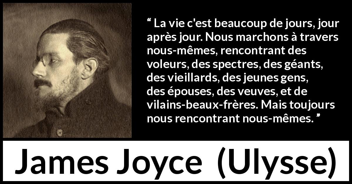 Citation de James Joyce sur soi tirée d'Ulysse - La vie c'est beaucoup de jours, jour après jour. Nous marchons à travers nous-mêmes, rencontrant des voleurs, des spectres, des géants, des vieillards, des jeunes gens, des épouses, des veuves, et de vilains-beaux-frères. Mais toujours nous rencontrant nous-mêmes.