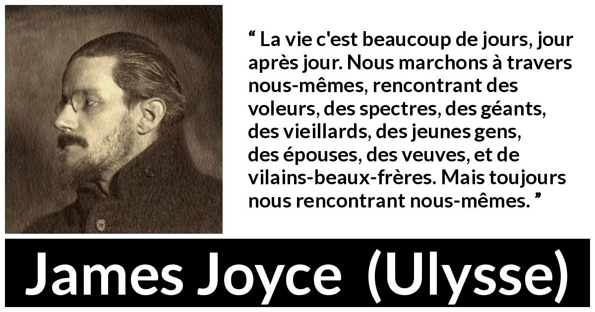 Citation de James Joyce sur soi tirée d'Ulysse - La vie c'est beaucoup de jours, jour après jour. Nous marchons à travers nous-mêmes, rencontrant des voleurs, des spectres, des géants, des vieillards, des jeunes gens, des épouses, des veuves, et de vilains-beaux-frères. Mais toujours nous rencontrant nous-mêmes.