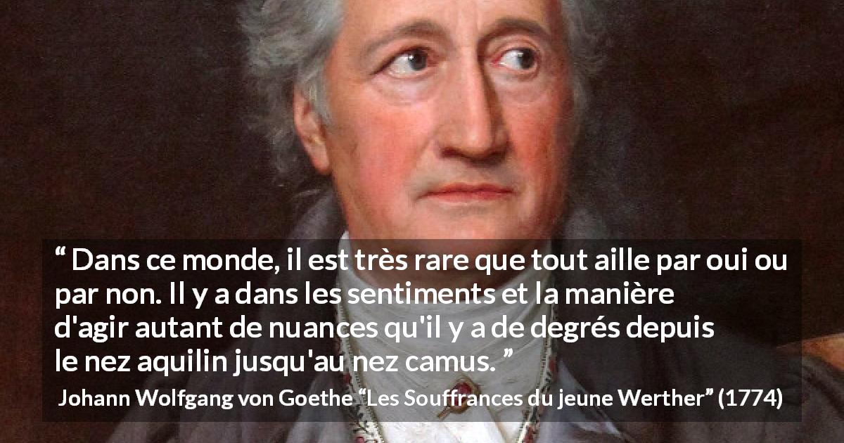 Citation de Johann Wolfgang von Goethe sur l'opinion tirée des Souffrances du jeune Werther - Dans ce monde, il est très rare que tout aille par oui ou par non. Il y a dans les sentiments et la manière d'agir autant de nuances qu'il y a de degrés depuis le nez aquilin jusqu'au nez camus.