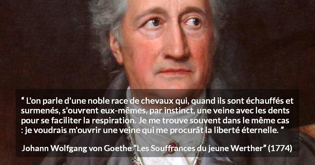 Citation de Johann Wolfgang von Goethe sur le suicide tirée des Souffrances du jeune Werther - L'on parle d'une noble race de chevaux qui, quand ils sont échauffés et surmenés, s'ouvrent eux-mêmes, par instinct, une veine avec les dents pour se faciliter la respiration. Je me trouve souvent dans le même cas : je voudrais m'ouvrir une veine qui me procurât la liberté éternelle.