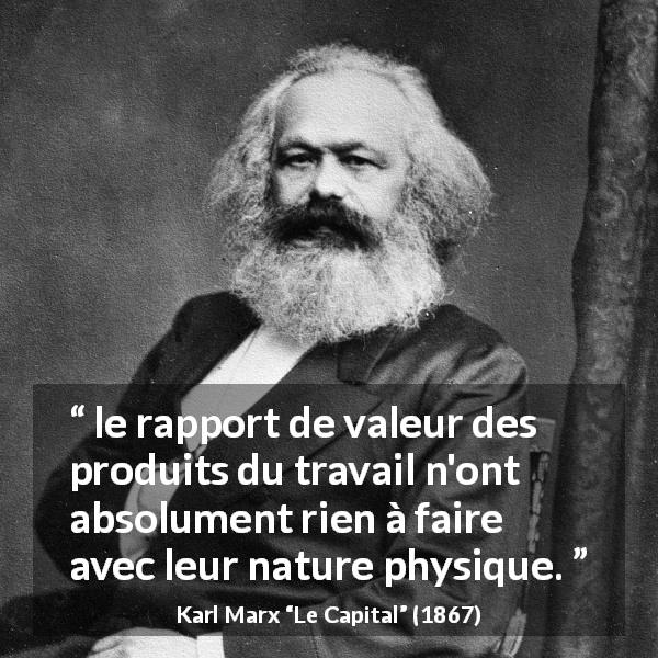 Citation de Karl Marx sur le travail tirée du Capital - le rapport de valeur des produits du travail n'ont absolument rien à faire avec leur nature physique.