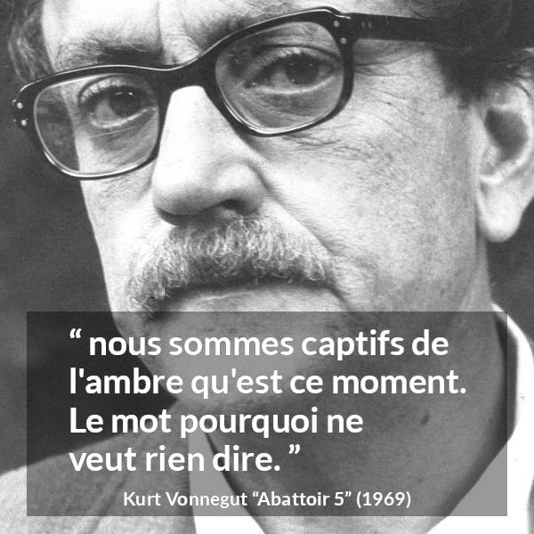 Citation de Kurt Vonnegut sur la compréhension tirée d'Abattoir 5 - nous sommes captifs de l'ambre qu'est ce moment. Le mot pourquoi ne veut rien dire.