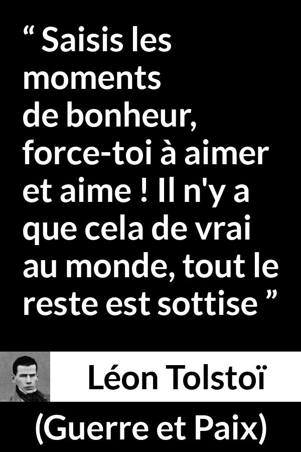 Citation de Léon Tolstoï sur l'amour tirée de Guerre et Paix - Saisis les moments de bonheur, force-toi à aimer et aime ! Il n'y a que cela de vrai au monde, tout le reste est sottise