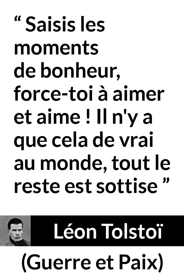 Citation de Léon Tolstoï sur l'amour tirée de Guerre et Paix - Saisis les moments de bonheur, force-toi à aimer et aime ! Il n'y a que cela de vrai au monde, tout le reste est sottise