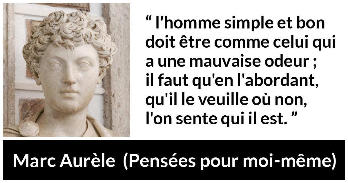 Citation de Marc Aurèle sur la bonté tirée de Pensées pour moi-même - l'homme simple et bon doit être comme celui qui a une mauvaise odeur ; il faut qu'en l'abordant, qu'il le veuille où non, l'on sente qui il est.