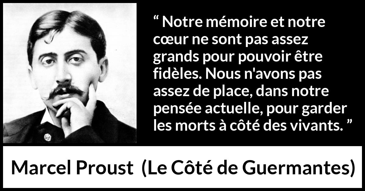 Citation de Marcel Proust sur la fidélité tirée du Côté de Guermantes - Notre mémoire et notre cœur ne sont pas assez grands pour pouvoir être fidèles. Nous n'avons pas assez de place, dans notre pensée actuelle, pour garder les morts à côté des vivants.