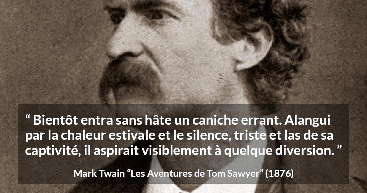 Citation de Mark Twain sur le chien tirée des Aventures de Tom Sawyer - Bientôt entra sans hâte un caniche errant. Alangui par la chaleur estivale et le silence, triste et las de sa captivité, il aspirait visiblement à quelque diversion.