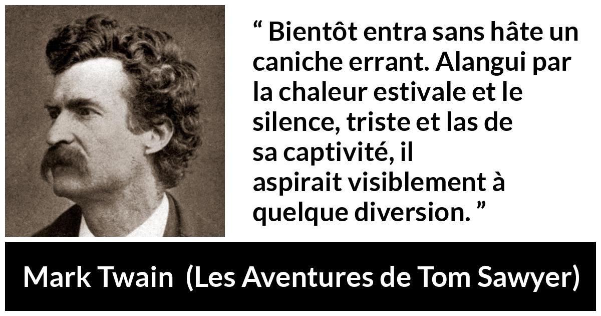 Citation de Mark Twain sur le chien tirée des Aventures de Tom Sawyer - Bientôt entra sans hâte un caniche errant. Alangui par la chaleur estivale et le silence, triste et las de sa captivité, il aspirait visiblement à quelque diversion.