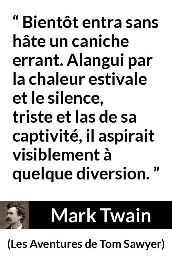 Citation de Mark Twain sur le chien tirée des Aventures de Tom Sawyer - Bientôt entra sans hâte un caniche errant. Alangui par la chaleur estivale et le silence, triste et las de sa captivité, il aspirait visiblement à quelque diversion.
