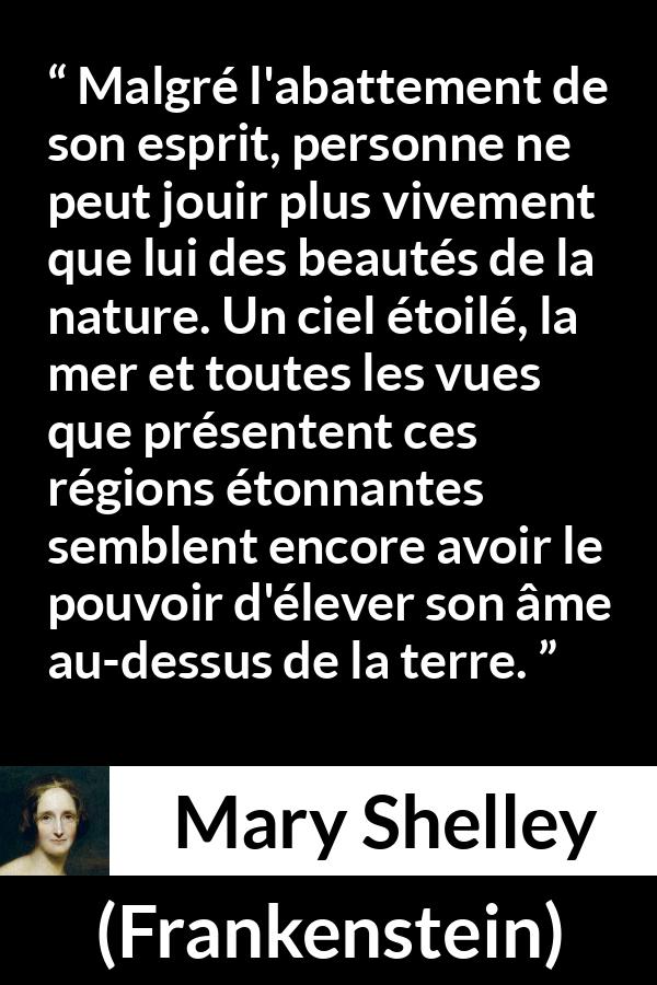Citation de Mary Shelley sur la nature tirée de Frankenstein - Malgré l'abattement de son esprit, personne ne peut jouir plus vivement que lui des beautés de la nature. Un ciel étoilé, la mer et toutes les vues que présentent ces régions étonnantes semblent encore avoir le pouvoir d'élever son âme au-dessus de la terre.