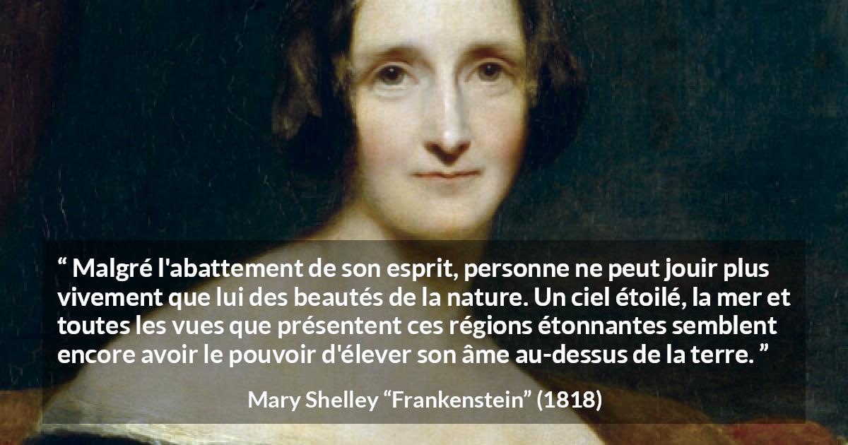 Citation de Mary Shelley sur la nature tirée de Frankenstein - Malgré l'abattement de son esprit, personne ne peut jouir plus vivement que lui des beautés de la nature. Un ciel étoilé, la mer et toutes les vues que présentent ces régions étonnantes semblent encore avoir le pouvoir d'élever son âme au-dessus de la terre.