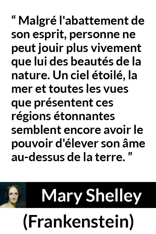 Citation de Mary Shelley sur la nature tirée de Frankenstein - Malgré l'abattement de son esprit, personne ne peut jouir plus vivement que lui des beautés de la nature. Un ciel étoilé, la mer et toutes les vues que présentent ces régions étonnantes semblent encore avoir le pouvoir d'élever son âme au-dessus de la terre.