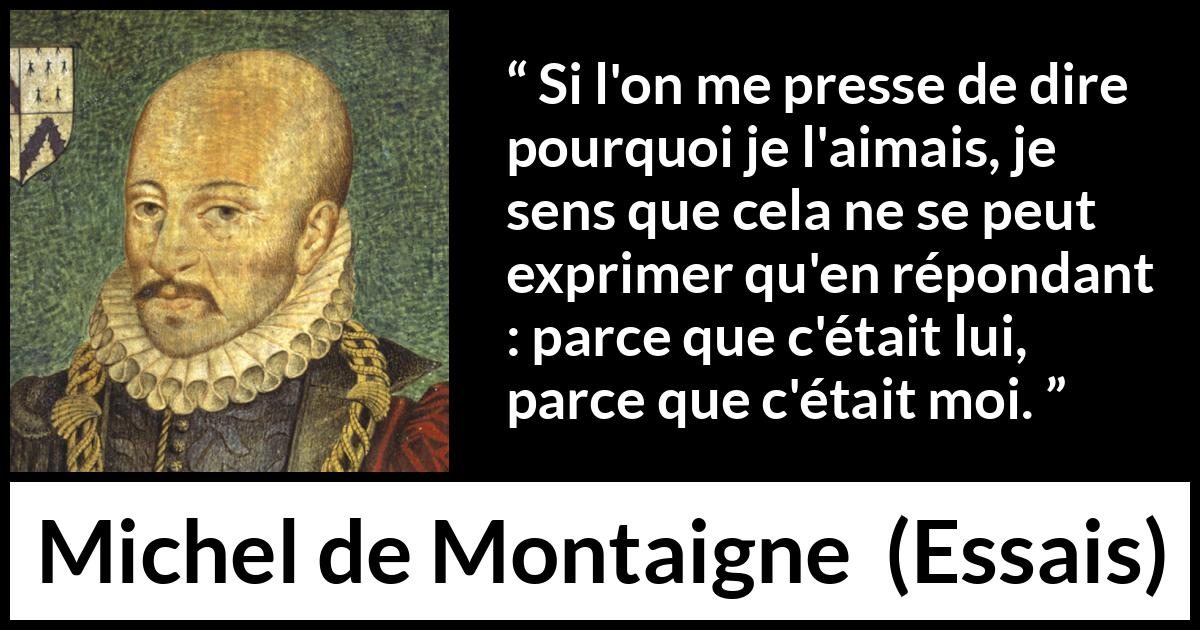 Citation de Michel de Montaigne sur l'amitié tirée d'Essais - Si l'on me presse de dire pourquoi je l'aimais, je sens que cela ne se peut exprimer qu'en répondant : parce que c'était lui, parce que c'était moi.