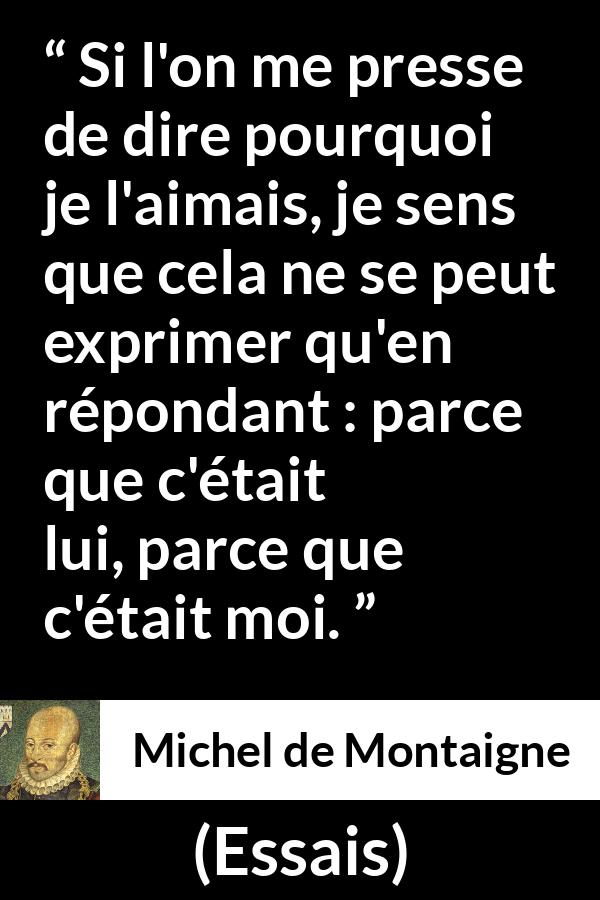 Citation de Michel de Montaigne sur l'amitié tirée d'Essais - Si l'on me presse de dire pourquoi je l'aimais, je sens que cela ne se peut exprimer qu'en répondant : parce que c'était lui, parce que c'était moi.