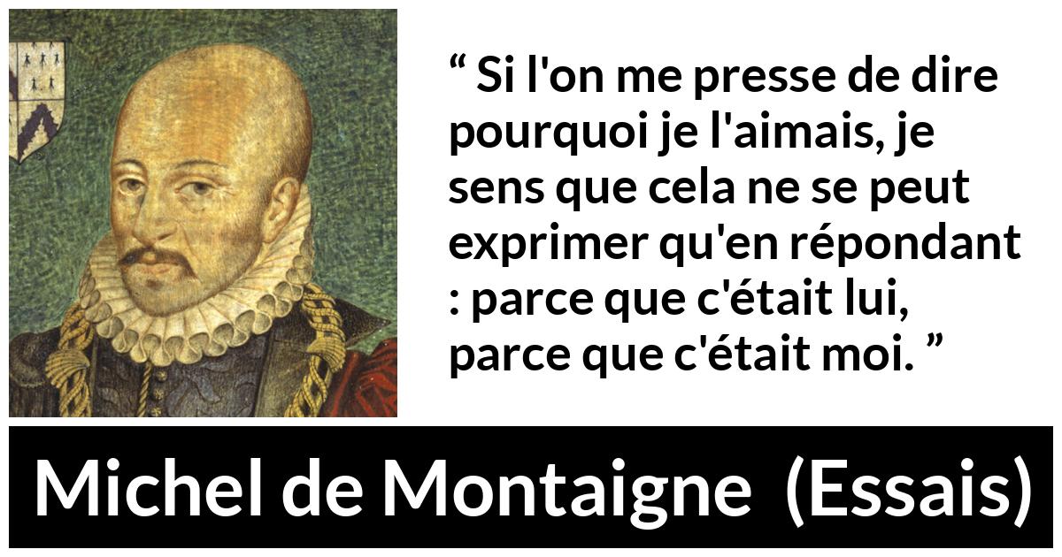 Citation de Michel de Montaigne sur l'amitié tirée d'Essais - Si l'on me presse de dire pourquoi je l'aimais, je sens que cela ne se peut exprimer qu'en répondant : parce que c'était lui, parce que c'était moi.