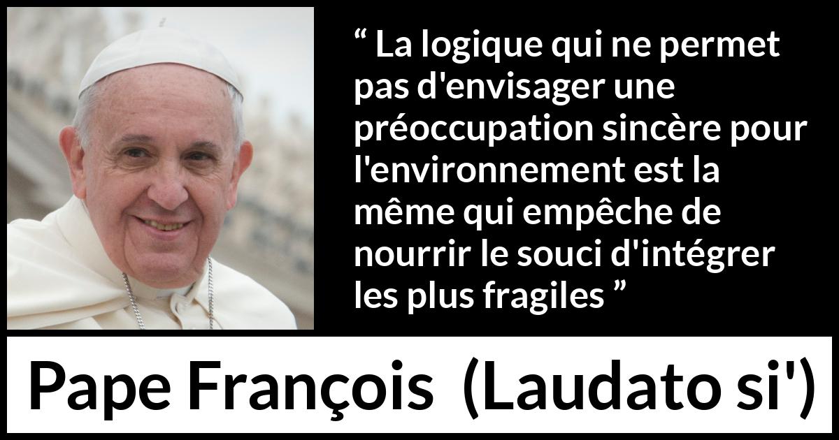 Citation de Pape François sur la protection tirée de Laudato si' - La logique qui ne permet pas d'envisager une préoccupation sincère pour l'environnement est la même qui empêche de nourrir le souci d'intégrer les plus fragiles