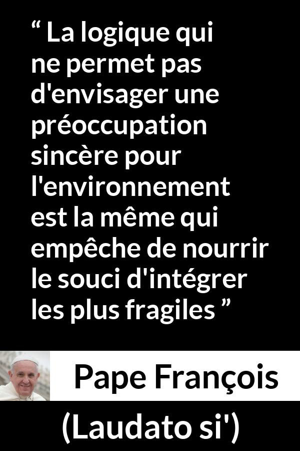 Citation de Pape François sur la protection tirée de Laudato si' - La logique qui ne permet pas d'envisager une préoccupation sincère pour l'environnement est la même qui empêche de nourrir le souci d'intégrer les plus fragiles