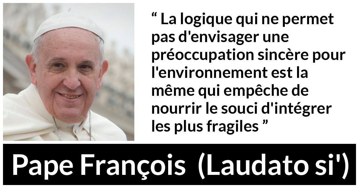 Citation de Pape François sur la protection tirée de Laudato si' - La logique qui ne permet pas d'envisager une préoccupation sincère pour l'environnement est la même qui empêche de nourrir le souci d'intégrer les plus fragiles