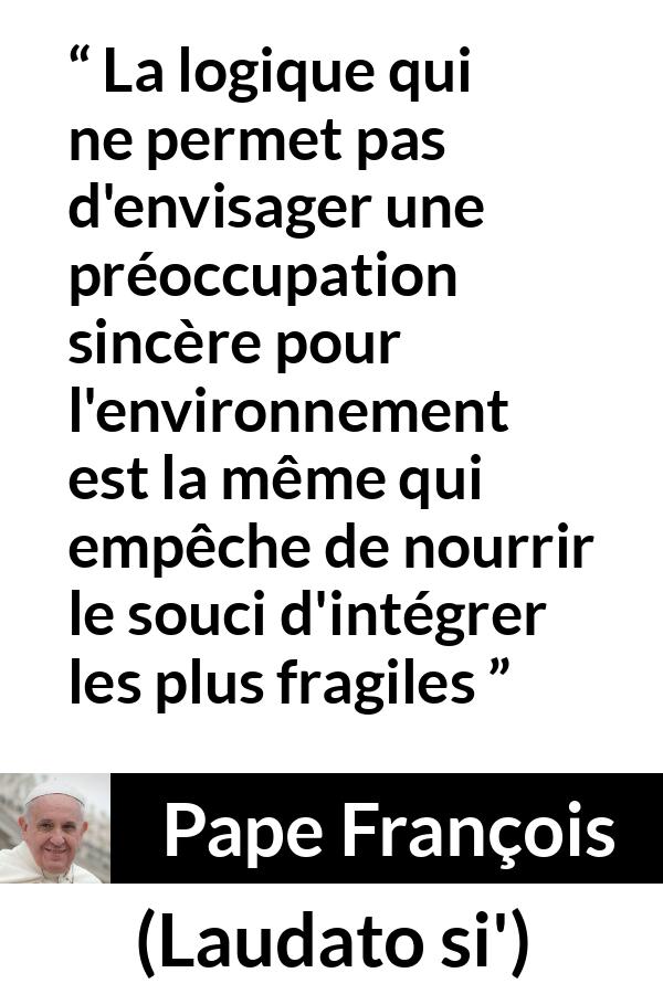 Citation de Pape François sur la protection tirée de Laudato si' - La logique qui ne permet pas d'envisager une préoccupation sincère pour l'environnement est la même qui empêche de nourrir le souci d'intégrer les plus fragiles