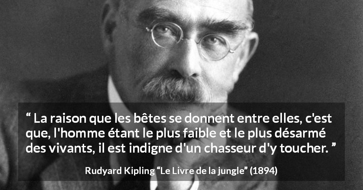 Citation de Rudyard Kipling sur l'homme tirée du Livre de la jungle - La raison que les bêtes se donnent entre elles, c'est que, l'homme étant le plus faible et le plus désarmé des vivants, il est indigne d'un chasseur d'y toucher.