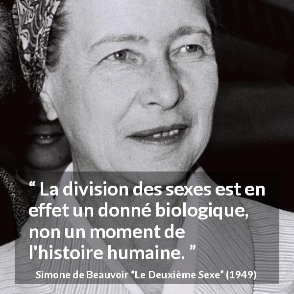 Citation de Simone de Beauvoir sur l'humanité tirée du Deuxième Sexe - La division des sexes est en effet un donné biologique, non un moment de l'histoire humaine.