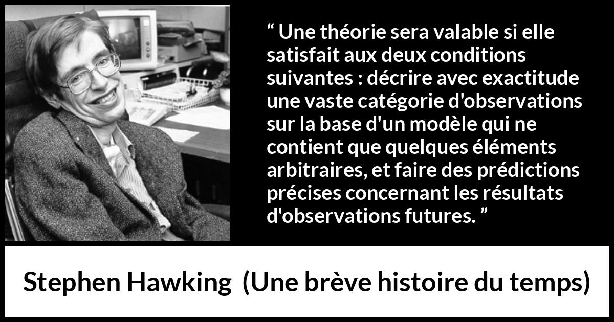 Citation de Stephen Hawking sur l'observation tirée d'Une brève histoire du temps - Une théorie sera valable si elle satisfait aux deux conditions suivantes : décrire avec exactitude une vaste catégorie d'observations sur la base d'un modèle qui ne contient que quelques éléments arbitraires, et faire des prédictions précises concernant les résultats d'observations futures.