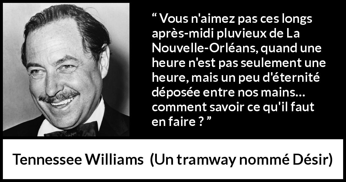 Citation de Tennessee Williams sur la pluie tirée d'Un tramway nommé Désir - Vous n'aimez pas ces longs après-midi pluvieux de La Nouvelle-Orléans, quand une heure n'est pas seulement une heure, mais un peu d'éternité déposée entre nos mains… comment savoir ce qu'il faut en faire ?