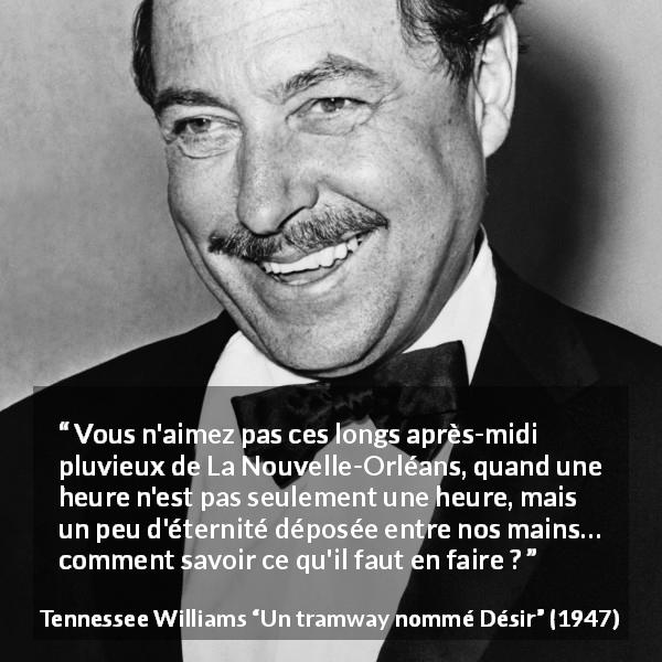 Citation de Tennessee Williams sur la pluie tirée d'Un tramway nommé Désir - Vous n'aimez pas ces longs après-midi pluvieux de La Nouvelle-Orléans, quand une heure n'est pas seulement une heure, mais un peu d'éternité déposée entre nos mains… comment savoir ce qu'il faut en faire ?