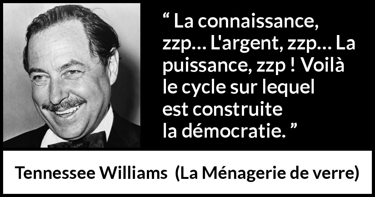 Citation de Tennessee Williams sur le pouvoir tirée de La Ménagerie de verre - La connaissance, zzp… L'argent, zzp… La puissance, zzp ! Voilà le cycle sur lequel est construite la démocratie.