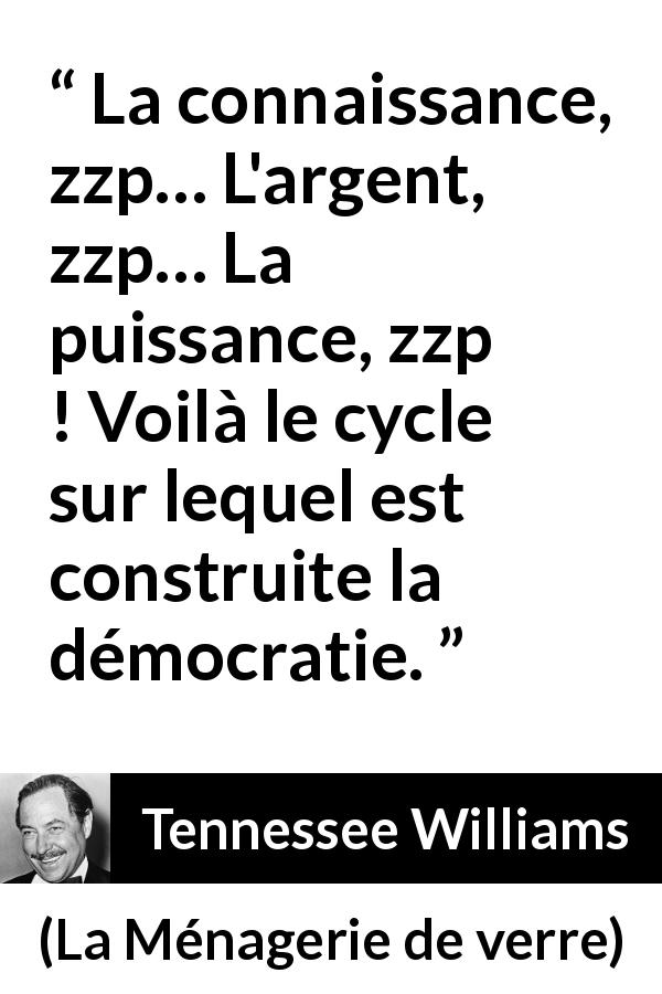 Citation de Tennessee Williams sur le pouvoir tirée de La Ménagerie de verre - La connaissance, zzp… L'argent, zzp… La puissance, zzp ! Voilà le cycle sur lequel est construite la démocratie.