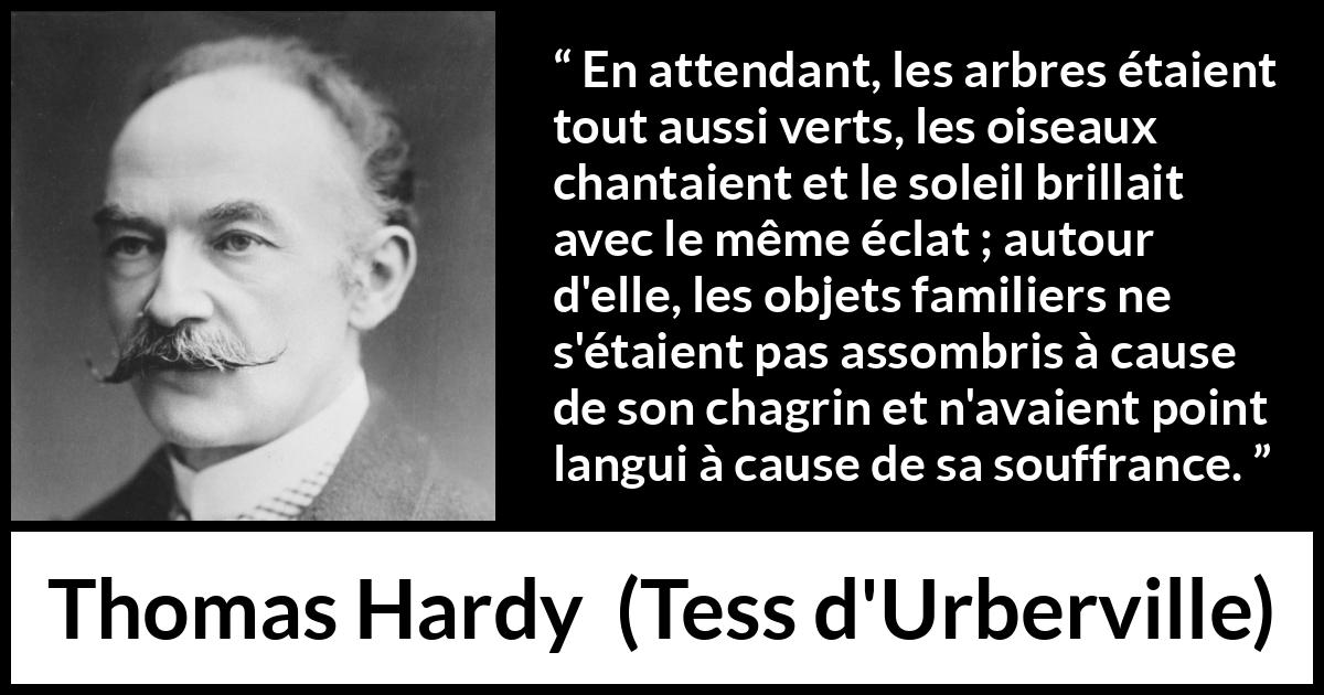 Citation de Thomas Hardy sur la nature tirée de Tess d'Urberville - En attendant, les arbres étaient tout aussi verts, les oiseaux chantaient et le soleil brillait avec le même éclat ; autour d'elle, les objets familiers ne s'étaient pas assombris à cause de son chagrin et n'avaient point langui à cause de sa souffrance.