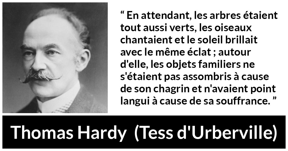 Citation de Thomas Hardy sur la nature tirée de Tess d'Urberville - En attendant, les arbres étaient tout aussi verts, les oiseaux chantaient et le soleil brillait avec le même éclat ; autour d'elle, les objets familiers ne s'étaient pas assombris à cause de son chagrin et n'avaient point langui à cause de sa souffrance.