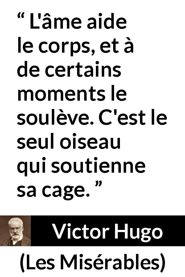 Citation de Victor Hugo sur l'âme tirée des Misérables - L'âme aide le corps, et à de certains moments le soulève. C'est le seul oiseau qui soutienne sa cage.