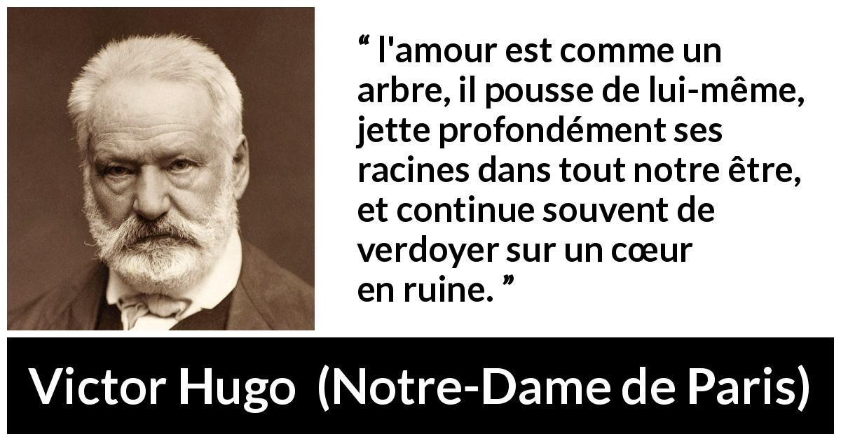 Citation de Victor Hugo sur l'amour tirée de Notre-Dame de Paris - l'amour est comme un arbre, il pousse de lui-même, jette profondément ses racines dans tout notre être, et continue souvent de verdoyer sur un cœur en ruine.